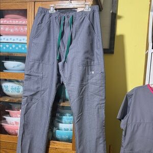 Figs Women's Gray Cargo Scrub Pants with Green Drawstring